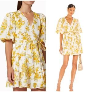 Faithfull The Brand Rooney Wrap Mini Dress linen yellow floral size 4